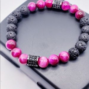 Red Tiger Eye & Lava Rock Bead Stretch Bracelet Men Size 7.5”